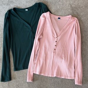Old Navy Ribbed Henley Tops - Pink & Teal L